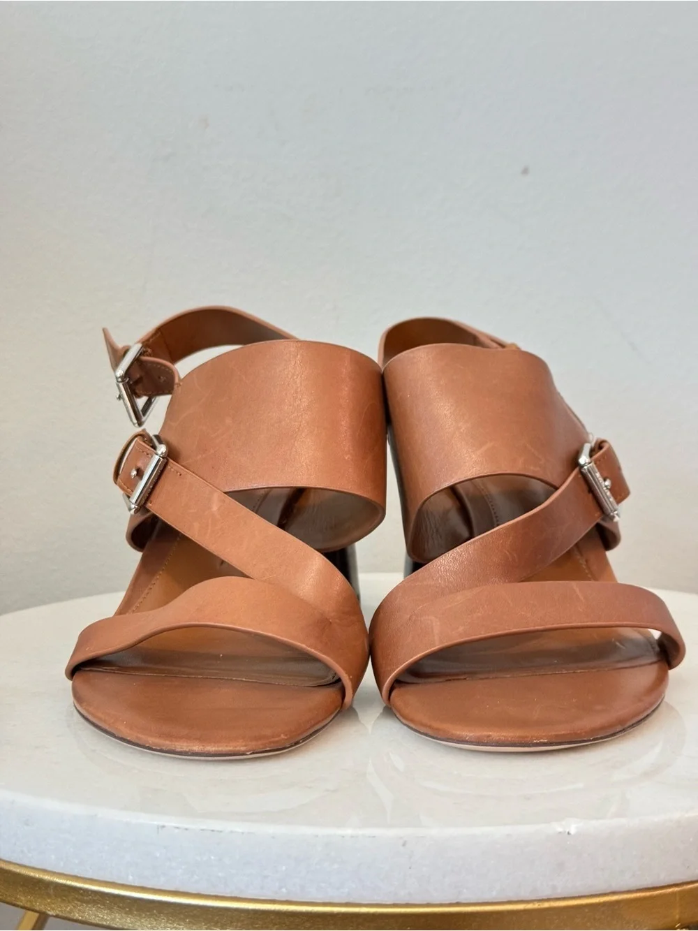 Ralph Lauren Tan Leather Block Heel Sandals